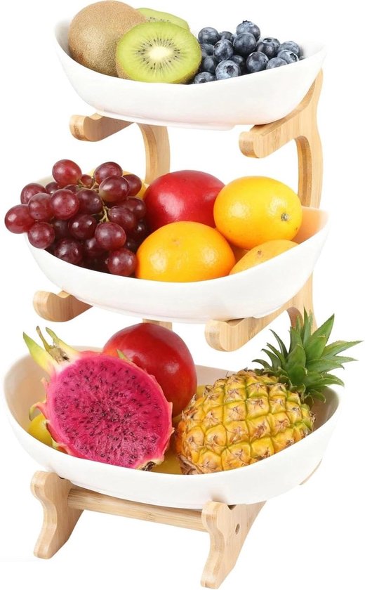 Stilvoller 3 Stöckiger Obstständer Für Gemüse, Snacks Und Kuchen, Obstschale Aus Keramik Mit Holzständer