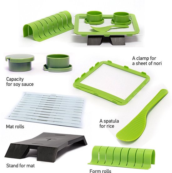 Das Sushi Set Beinhaltet Einen Reisverteiler, Einen Reislöffel, Eine Rollmatte, Einen Sushi Schneider, Einen Untersetzer Und Einen Deckel Für Soj