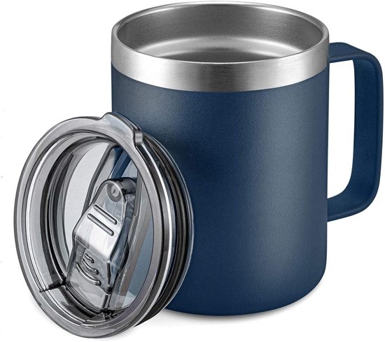 Isolierter Edelstahl-kaffeebecher Mit Henkel – Doppelwandiger Vakuum-reisebecher Mit Schiebedeckel – Marineblau – 350 Ml – 1 Stück