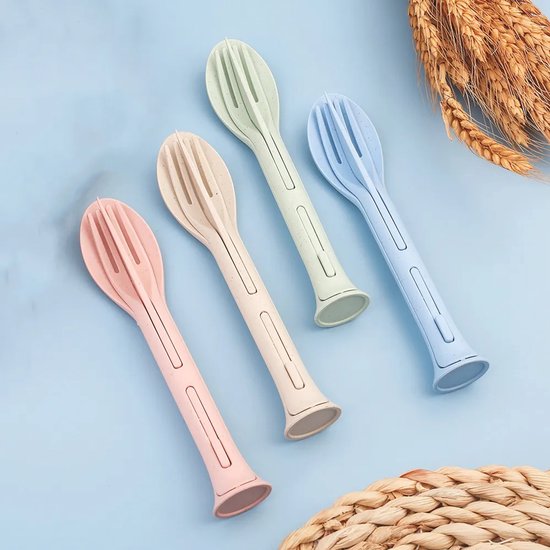 4 Teiliges Besteckset Aus Weizenstroh Wiederverwendbares Und Praktisches 3 In 1 Reisebesteck (löffel, Gabel, Messer) Umweltfreundlich Und Bpa Fre