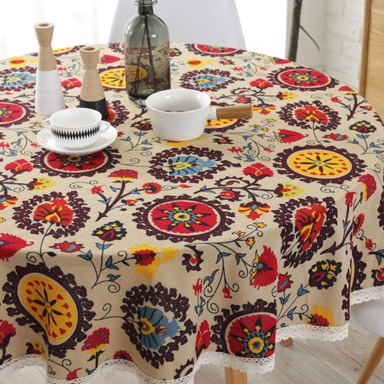 Runde Tischdecke Leinentischdecke Tischdekoration Knitterfreies Baumwoll Leinen 120 Cm Boho Blumenmuster