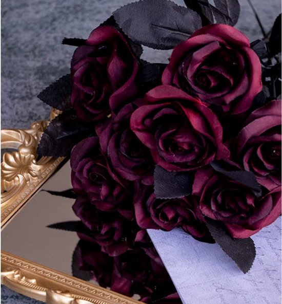 Dailygoods – Künstliche Rosen, 10 Stück – Seidenblumen – Flexibler Stiel – Brautstrauß – Partydekoration – Weinrot/schwarz – Künstliche Rosen