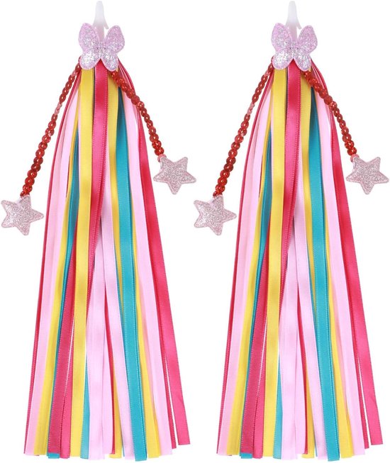 Fahrrad-lenkerbänder Für Kinderfahrräder (2er-set) – Regenbogenfarben Mit Glitzer-schmetterling, Sternen Und Perlenkette, Für Den Lenker