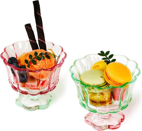 Set Aus 2 Farbenfrohen, Blütenförmigen Dessertschalen Aus Glas Mit Untersetzer – Rosa-grüne Eis- Und Puddingschalen, Stilvoll Und Wiederverwendbar