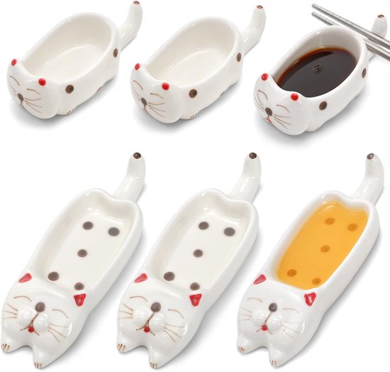 Set Aus 6 Niedlichen Sojasaucenschalen Kleinen Keramik-saucenschalen Und Mini-sushi-schalen In Katzenform Mit Essstäbchenhalter Geeignet Für Wie