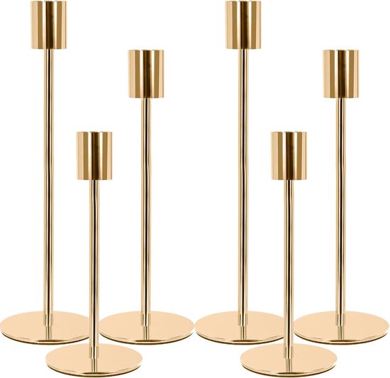 Set Aus 6 Hohen, Goldfarbenen Metallkandelabern Für Hochzeits- Und Wohnzimmerdekoration