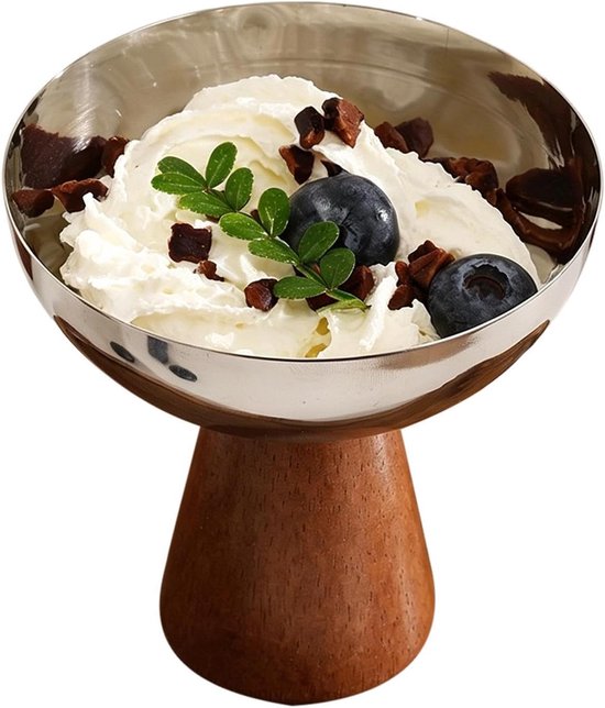 Eis- Und Dessertschale Aus Edelstahl Mit Holzsockel – 10 Cm Durchmesser, 10 Cm Hoch, Stilvolles Design Für Eiscreme, Pudding Und Obst