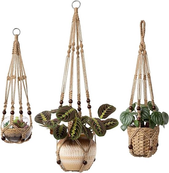 3er Set Pflanzenampeln Für Zimmerpflanzen, Hängekörbe Aus Juteseil Mit Perlen, Ohne Quasten, 58 Cm/73 Cm/89 Cm
