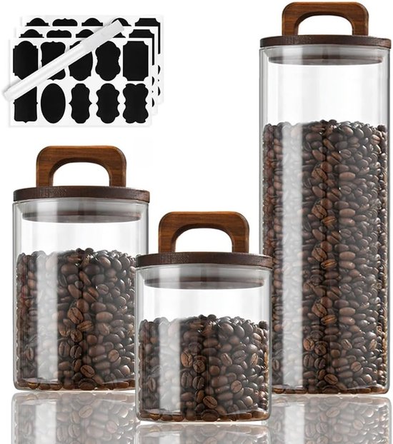 Vorratsgläser Mit Deckel, 3er-set – 700/800/1800 Ml – Glasbehälter Mit Holzdeckeln – Luftdicht – Gewürzstreuer – Vorratsgläser Für Müslibohnen