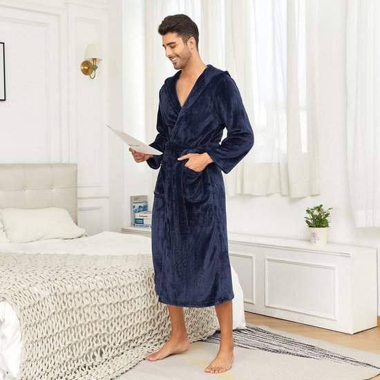 Herren Flanellbademantel Mit Flauschigem Schalkragen Marineblau Größe L