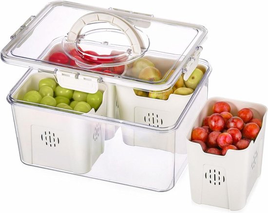 Großer Kühlschrankbehälter Mit Deckel Griff, Abtropffläche, 4 Siebe Luftdicht, Für Snacks Und Salate