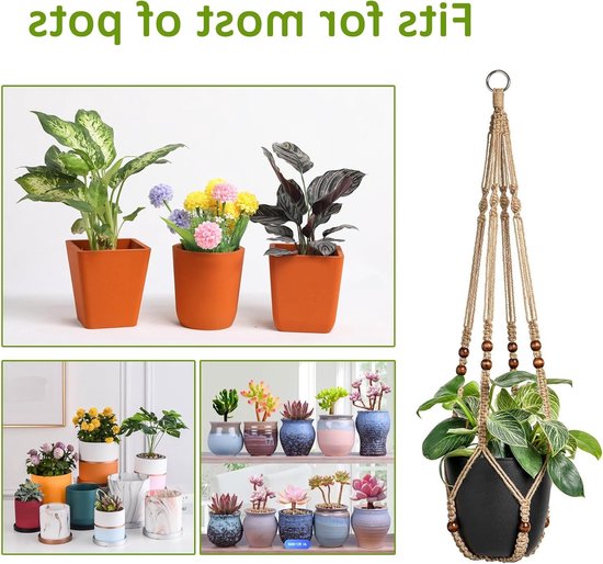 Makramee Pflanzenampel Hängekorb Aus Juteseil Mit Holzperlen Boho Dekoration Balkon Pflanzgefäß Garten Und Wohndekoration Decken Und Wandpflanzen