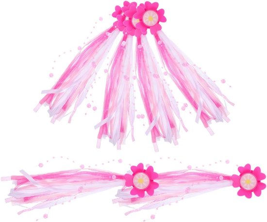 Set Mit 6 Fahrrad-wimpeln (3 Paar) Mit Blumen Und Perlen – Rosa/weiß, Niedliches Mädchen-design, Für Kinderfahrradlenker