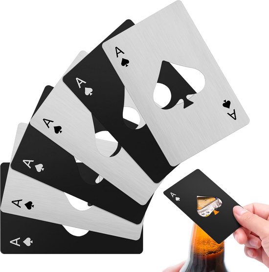 6 Flaschenöffner Im Pokerkarten Design Edelstahl, Kreditkartengröße 3 Schwarze, 3 Silberne