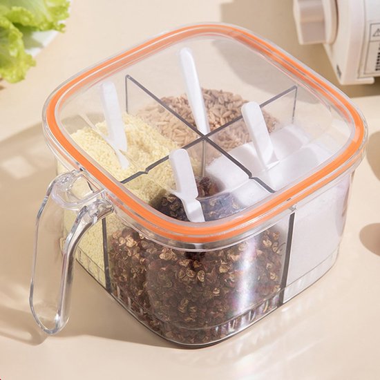 Gewürzglas Mit Deckel Und 4 Fächern, 4 Servierlöffel, Transparentes Glas, Transparentes Aufbewahrungsglas Für Gewürze, Kleines Gewürzglas Für Küc