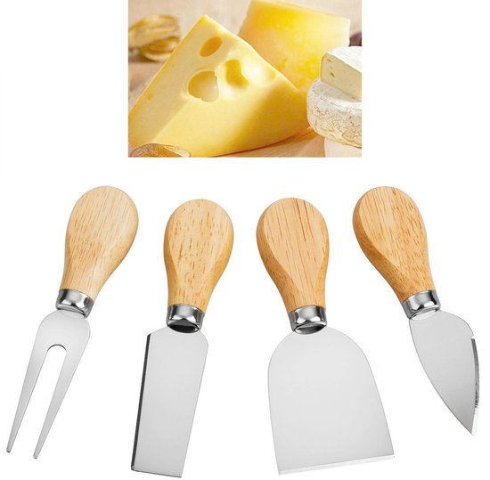 4 Teiliges Käsemesser Set Käsehobel Aus Edelstahl Küchenhelfer Backwerkzeug Enthält Käsemesser, Reibe, Gabel Und Buttermesser Mit Holzgriff Leich