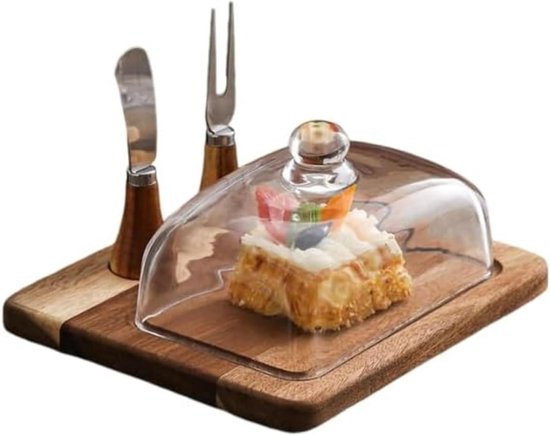 Butterdose Aus Akazienholz Mit Messer Und Glasdeckel Für Käse, Butter, Kuchen Und Desserts. Servierschale. Elegantes Küchenbesteck (2 Messer).