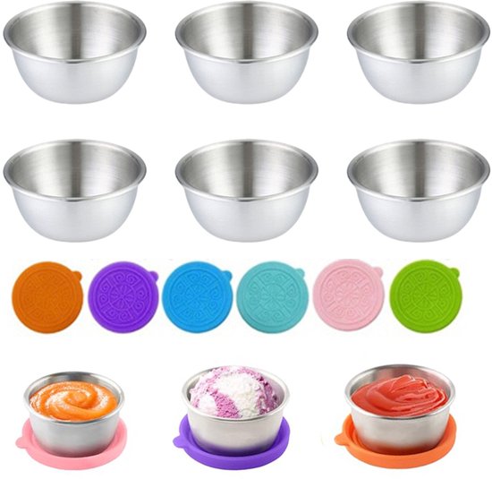 6 Teiliges Edelstahl Saucenschalen Set Saucenschale Dipschale 6 Cm Durchmesser 60 Ml Wiederverwendbar Mit Auslaufsicherem Deckel Für Obst, Salate