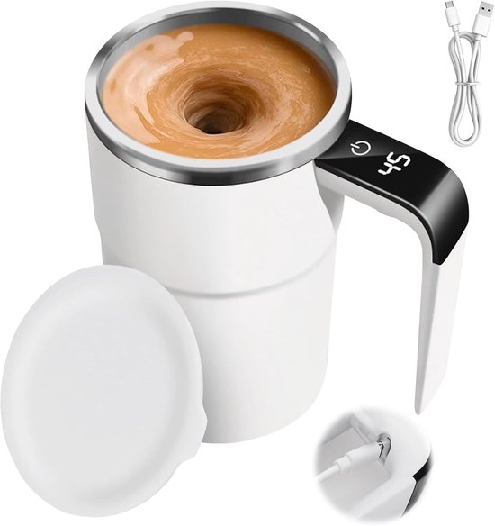 Elektrischer Automatischer Selbstumrührender Edelstahl-kaffeebecher 380 Ml Mit Temperaturanzeige Usb-anschluss Magnetischer Rührbecher Mit Deckel