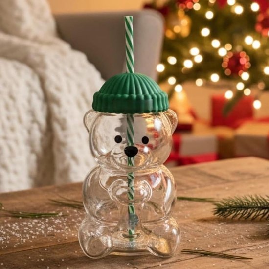 Kaffeetassen Glasbecher Teetasse Glasbecher Mit Deckel Und Strohhalm Glasbecher Mit Strohhalm Bärenförmige Wasserflasche 580 Ml Trinkglas Für Kaf