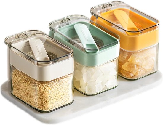 3-teiliges Gewürzglas-set Aus Glas – 296 Ml (10 Oz) Mit Löffel, Staubfreiem Deckel Und Griff, Zur Aufbewahrung Von Salz Und Zucker Auf Der Küchenarbeitsplatte, Vielseitig Verwendbar