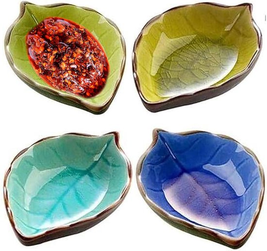 Set Aus 4 Mini Keramikuntertassen, Kleinen Snacktellern, Blattförmig, Handgefertigte Saucenschalen