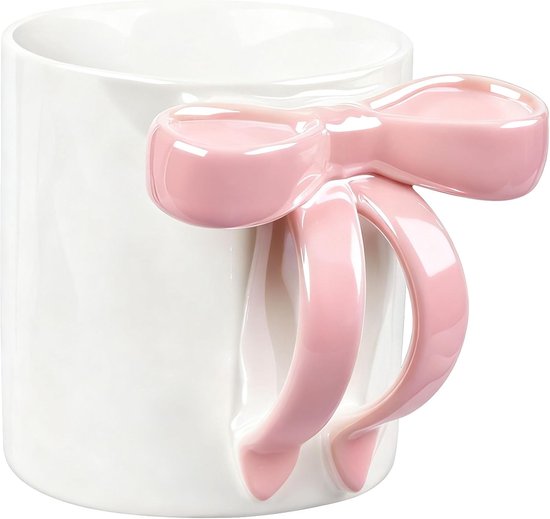 Rosa Kaffeetasse (350 Ml) Mit Schleife, Hübsche Porzellantasse, Geeignet Für Kaffee Oder Tee, Keramiktasse Mit Schleife Und Henkel