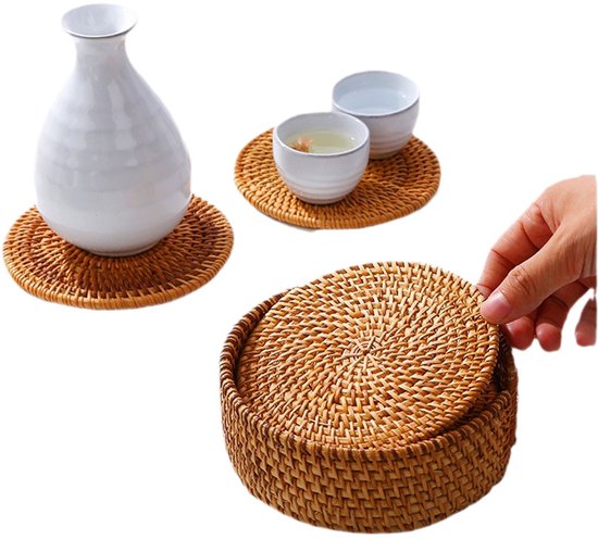 Set Mit 3 Geflochtenen Rattan-untersetzern (13 Cm), Naturrattan, Wärmeisolierend Und Rutschfest, Für Teeschalen, Gläser Und Als Tischdekoration