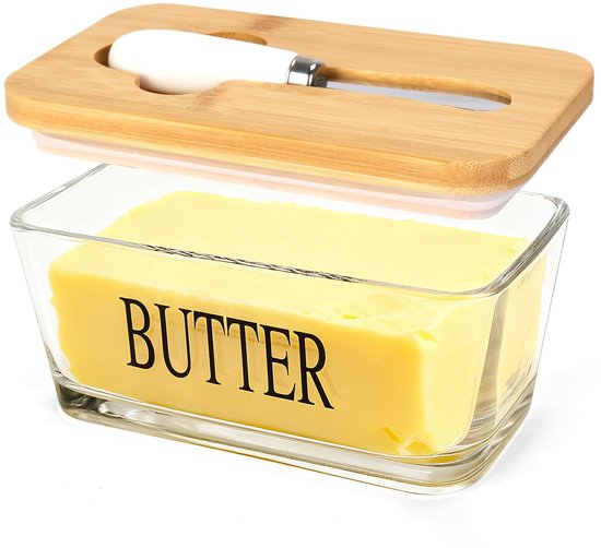 Große Butterdose Mit Deckel Für Die Arbeitsplatte, Butterdose Aus Glas Mit Messer, Stabiler Butterhalter Mit Bambusdeckel Für Butter Von Der West