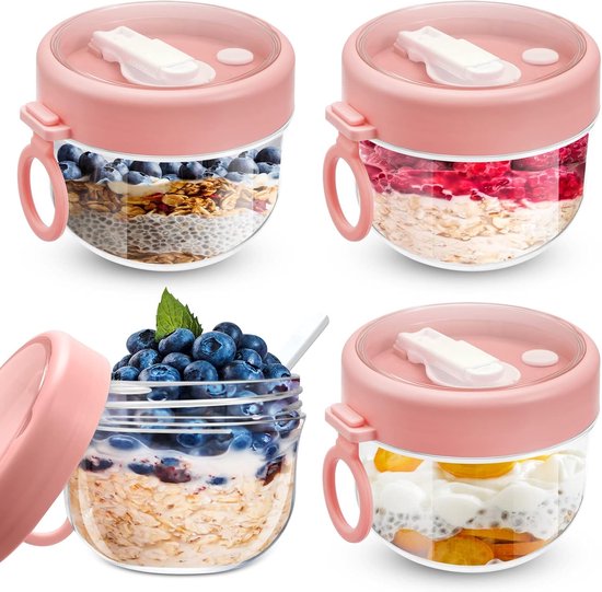 4 Rosafarbene Kunststoff Overnight Oatmeal Becher 591 Ml (20 Oz) Großes Fassungsvermögen, Luftdicht Mit Deckel Und Löffel, Für Joghurt, Obst, Müs