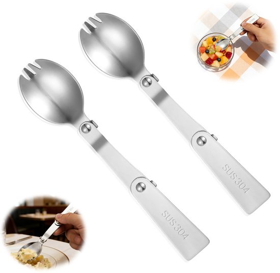 2 Teilig Klappgabel Und Salatlöffel Dreifach Klappbarer Löffel Aus Edelstahl Tragbares Klappbesteck Für Reisen Und Camping, Kompatibel Mit Isolie