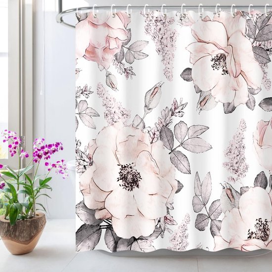 Rewytaz Duschvorhang Gegen Schimmel – 2-teilig – Rosa-graue Blumen – Duschvorhang 180 X 200 Cm – Wasserdicht – Duschvorhangringe