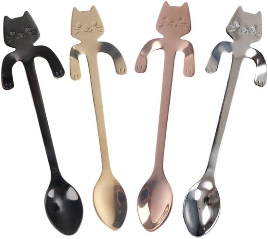 4er Pack Silber, Gold, Roségold, Schwarz Mini Katzen Kaffeelöffel Kreativer Dessertlöffel Aus Edelstahl Mit Cartoon Katze Hängender Tassenlöffel