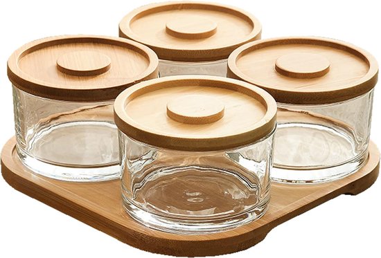 Set Aus Bambuschips Und Dipsauce Schale Für Snacks Süßigkeiten Obst Und Nüsse Mit Kleinen Glasschälchen Mit Deckel Zum Dippen Geeignet Für Saucen 4