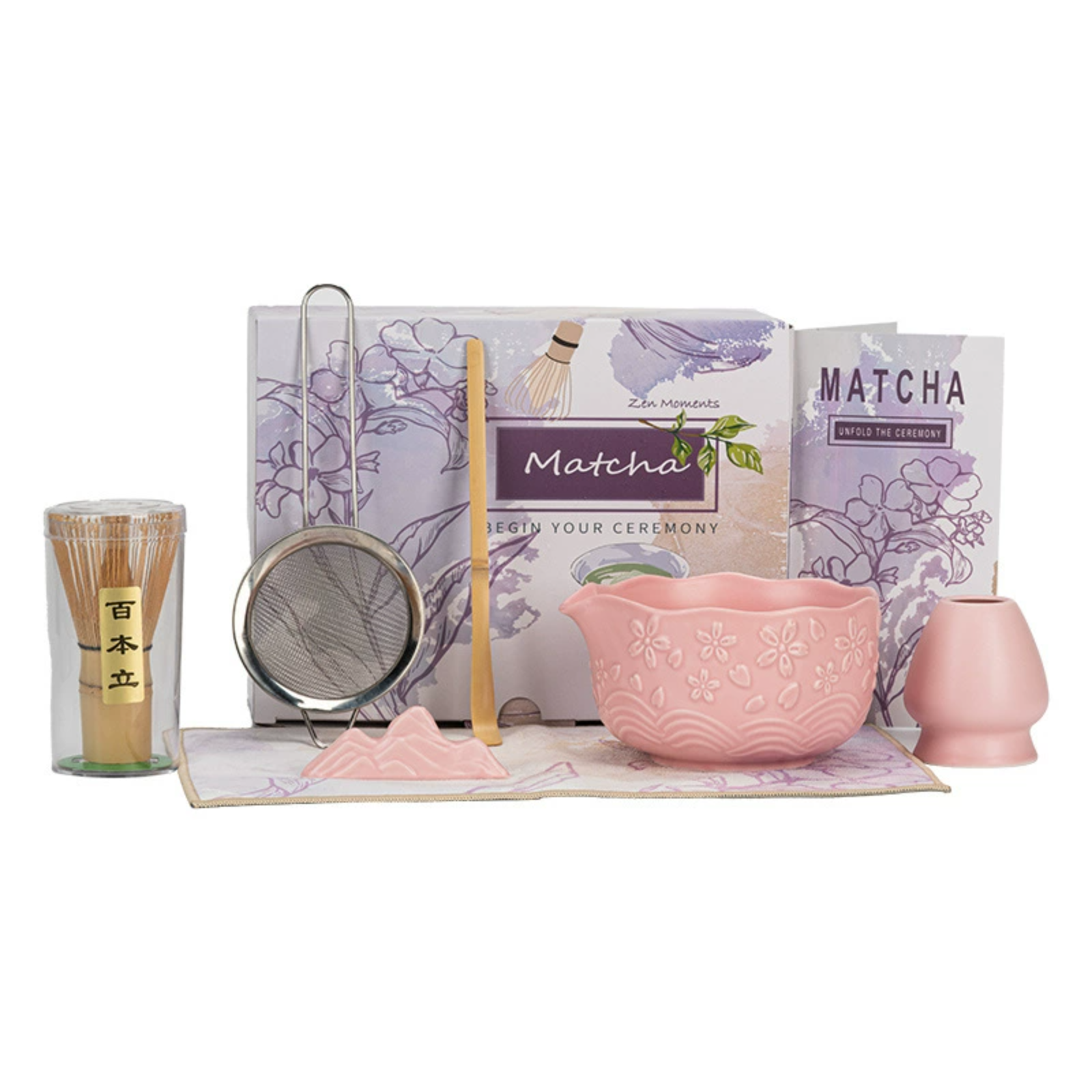 Matcha-set Aus Keramik, Schale Mit Geprägtem Kirschblütenmuster, 7-teiliges Set, Hochwertige Farbbox.