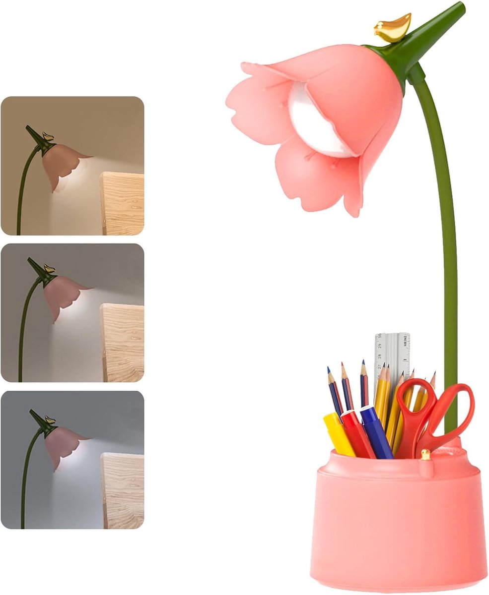 Led-tischleuchte Mit Stifthalter, Dimmbar Und Mit Touch-steuerung – Usb-wiederaufladbar, Flexibler Hals, 3 Farbtemperaturen, Design Mit Rosa Blumen Und Vögeln – Usb