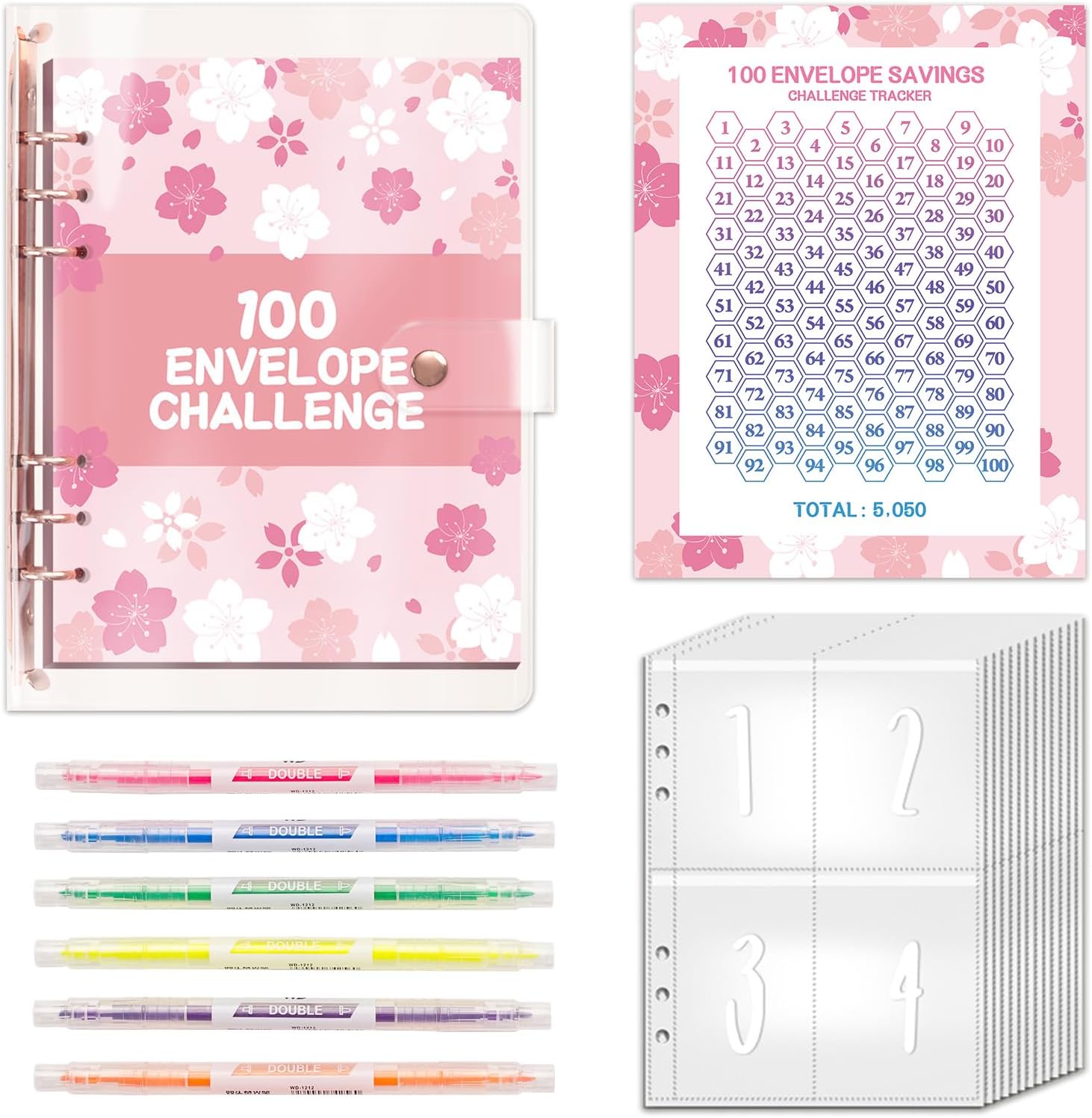 100 Envelope Saving Challenge With 6 Highlighters With Two Tips Budget Planner And Money Folder, A5 Ring Binder To Master The Challenge And Save 5,050 In 100 Days Pink