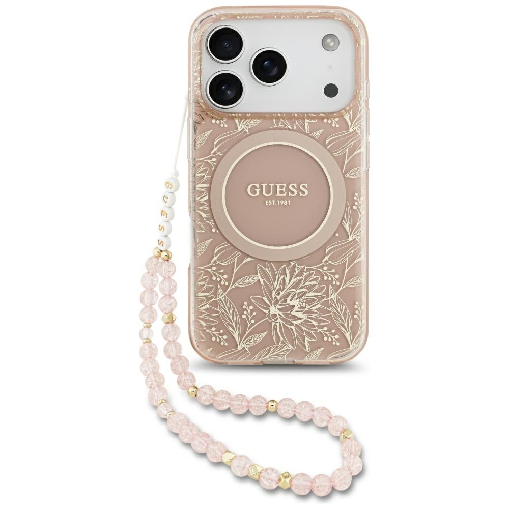 Guess Iml Flowers Electro Pearlstrap Magsafe Hülle Für Iphone 17 Pro Pink