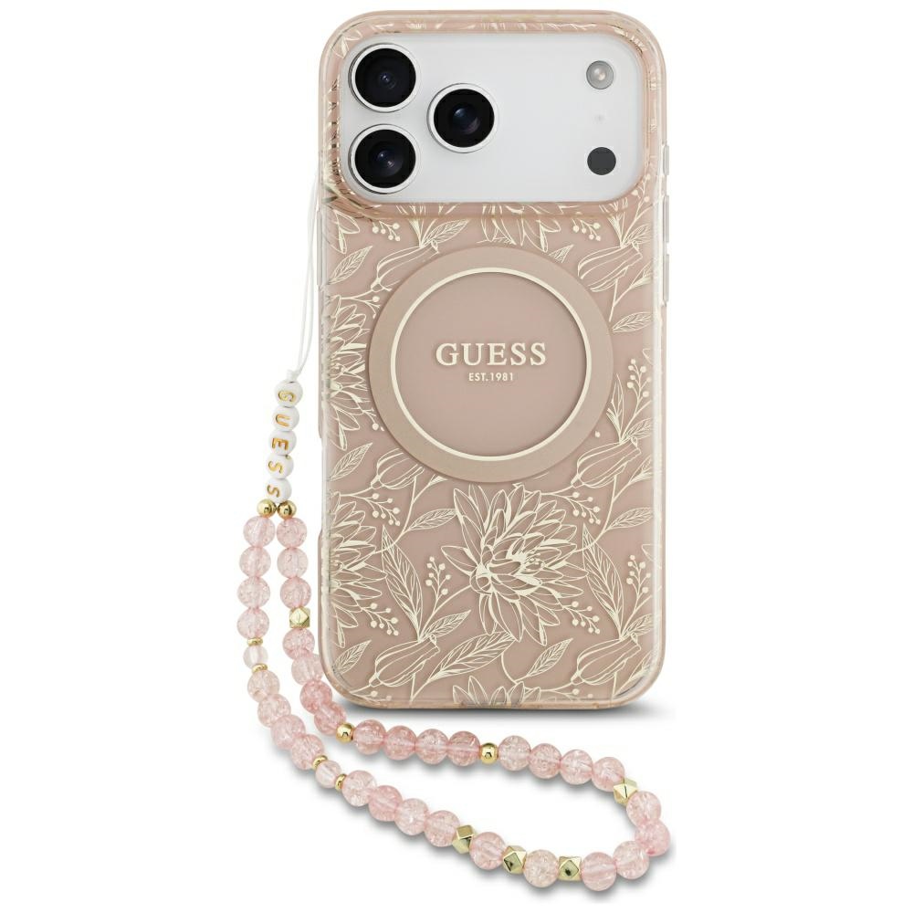 Guess Iml Flowers Electro Pearl Strap Magsafe Hülle Für Iphone 17 Pro Max Pink