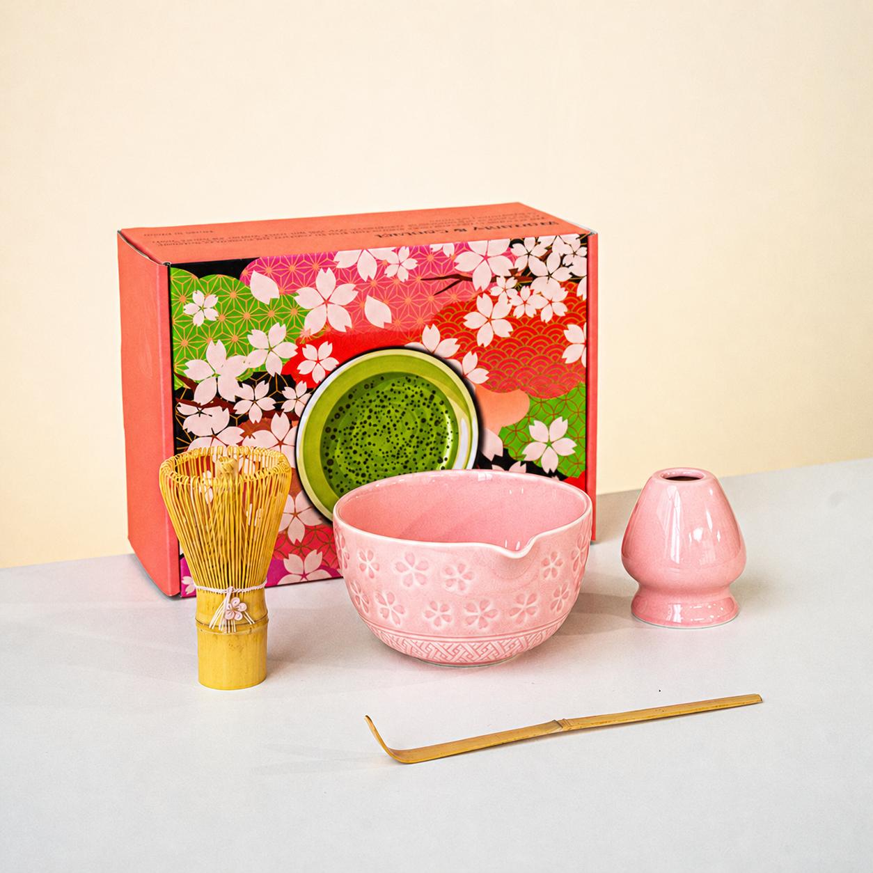 Japanisches Matcha-tee-set, Kirschblütenmuster, Matcha-schale Aus Keramik Mit Öffnung, Baiben Li Geschenkbox, Hochwertig