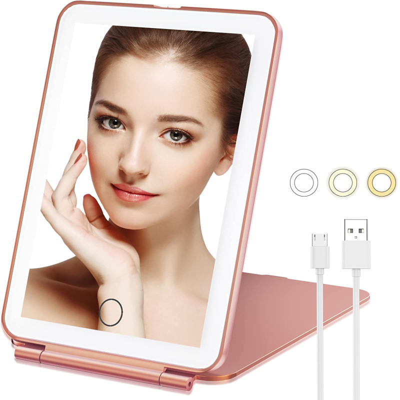 Schminkspiegel, Kosmetikspiegel Mit 80 Leds, Kompakter Led-spiegel, Tragbarer Kosmetikspiegel Mit 3 Lichtfarben, Reiseaccessoire Für Damen, Roségold