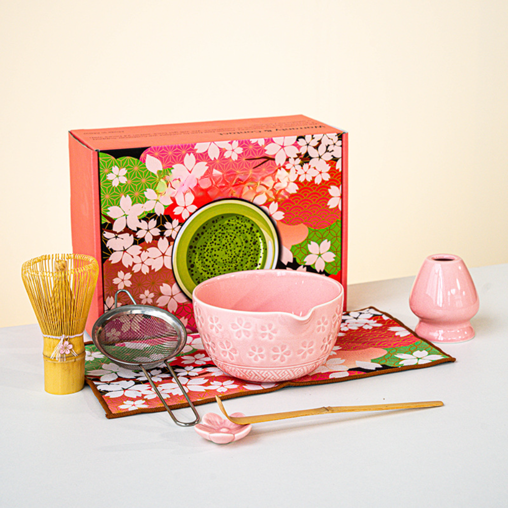 Japanisches Matcha-tee-set Mit Kirschblütenmuster, Matcha-schale Aus Keramik Mit Öffnung, Baiben Li Geschenkbox, Hochwertig, Rosa, 7-teilig
