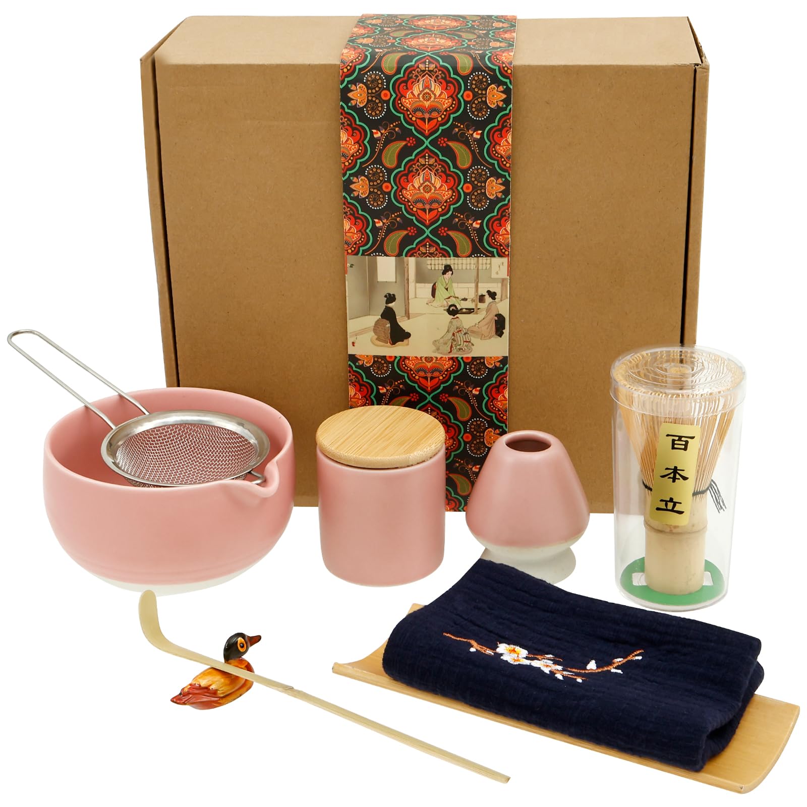 Elegantes 9-teiliges Matcha-zubereitungsset Mit Bambusbesen Und Rosa Keramikschale