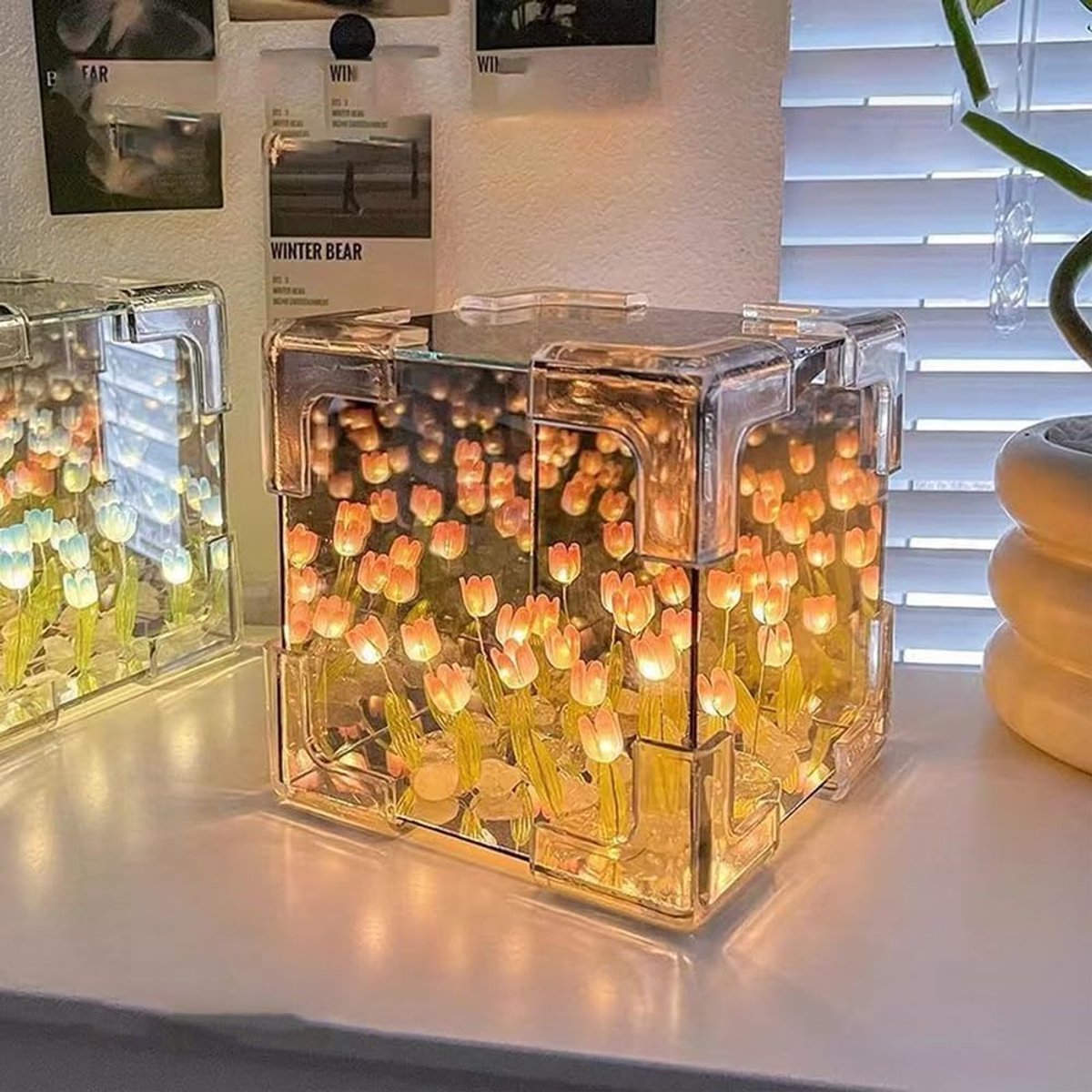 Nachtlicht – Usb – Diy-tulpen-nachtlampe – Led-tischlampe – Romantisches Geschenk – Stimmungsbeleuchtung Fürs Schlafzimmer – Glas- Und Spiegeldesign – Dekorative Blumenlampe – 20 Rosa Blüten