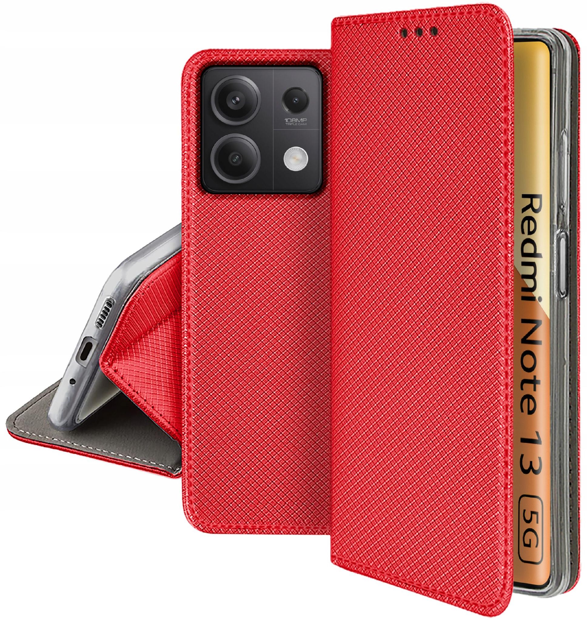 Schutzhülle Für Xiaomi Redmi Note 13 5g Smart Magnet Book Case Rot + Glas