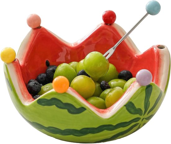 Obstschale Aus Keramik In Wassermelonenform Mit 6 Edelstahlgabeln, Dekorative Schalen Für Snacks Und Vorspeisen, Rot Grüne Farbkombination, Maße: