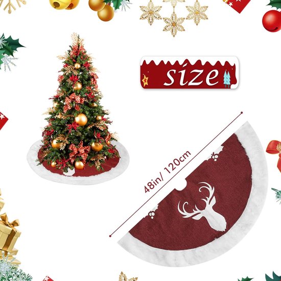 Großer Roter Weihnachtsbaumrock, Luxuriöser Kunstpelz-plüsch-leinen-baumfußabdeckung, Weihnachtsbaum-bodenmatte, 122 Cm (48 Zoll), Rentier-motiv