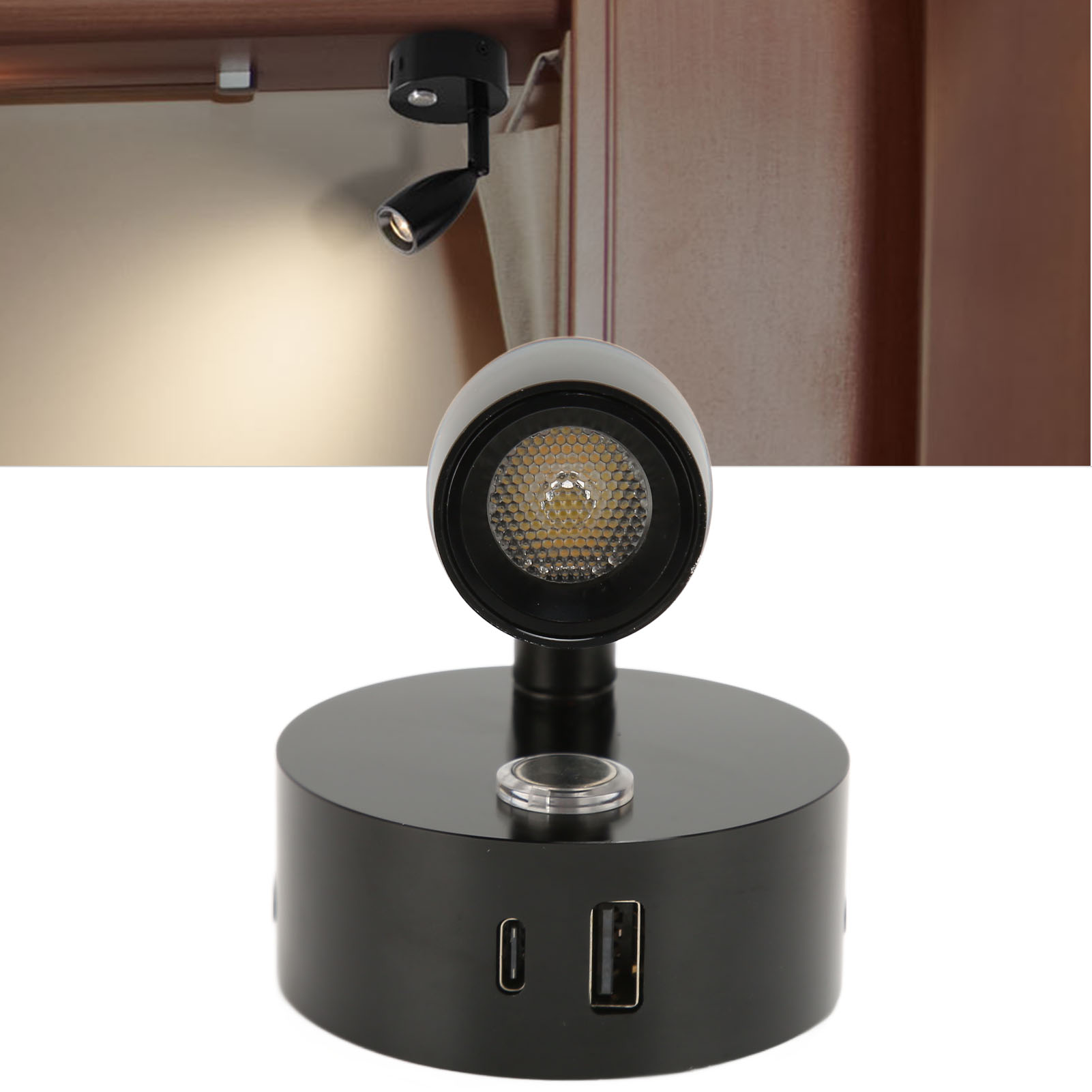 Leselampe Für Wohnmobile Mit Usb-c-anschluss, Blauem Nachtlicht, 3-farbig Dimmbar, Polierter Oberfläche, Touch-schalter, 12–24 V Dc, Schwarz