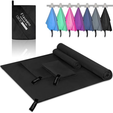 Set Mit 3 Schnelltrocknenden Mikrofaserhandtüchern Für Camping, Schwimmen, Strand, Fitnessstudio Und Sport (180 X 90 Cm, 80 X 40 Cm, 50 X 30 Cm), Tiefschwarz