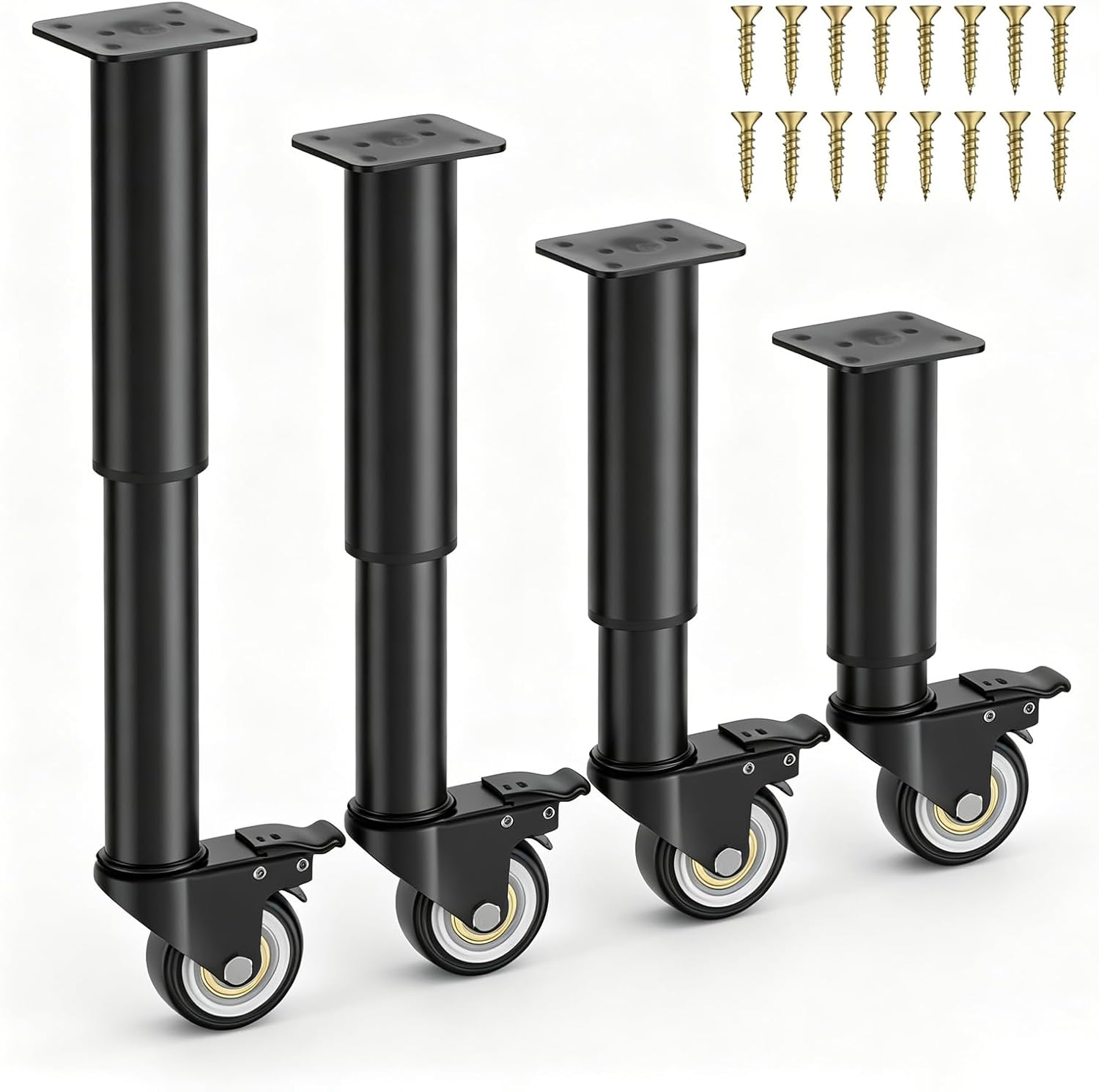 Set Aus 4 Höhenverstellbaren, Um 360° Drehbaren, Schwarzen Verstellbaren Füßen Mit Rollen, Für Kleiderschrank, Bett, Sofa, Couchtisch (24,5 Bis 36 Cm)